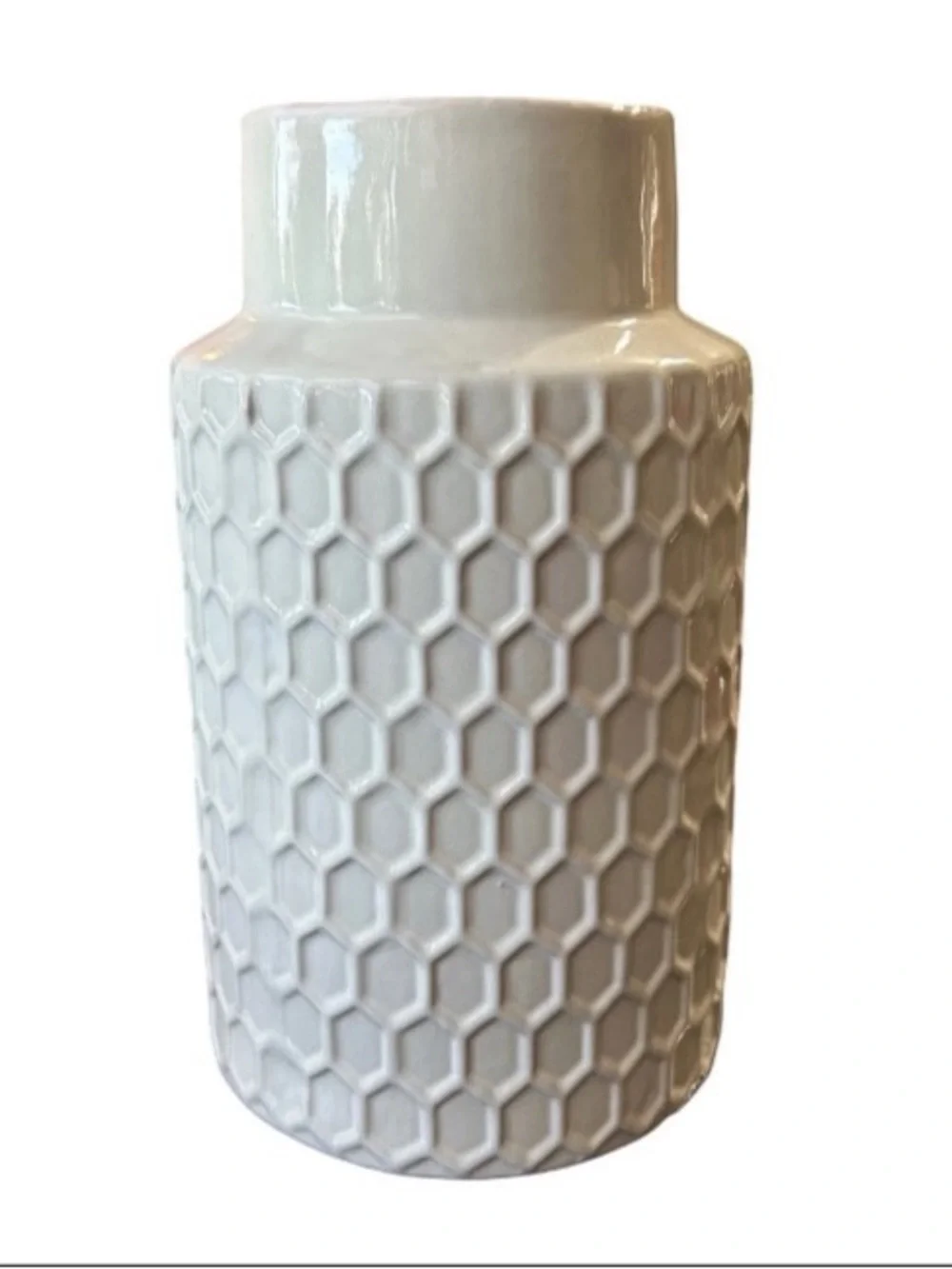 White Ceramic Vase 9” Utensil Holder Honeycomb Textured Design Minimalist New